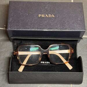 Y2K Style Prada Havana Caramel Tortoise Beige Square Frames Italy w Case & Box
